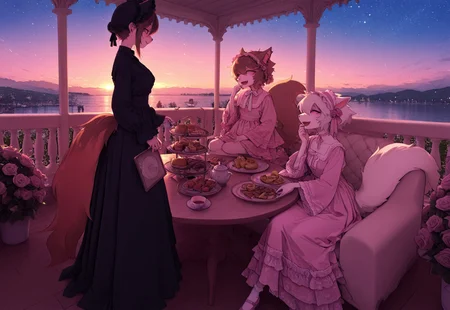 aakkuroyuki, masterpiece, best quality, very aesthetic, absurdres, highres, 2females, duo, monster girls, {{ferret girl:0.8}}, {{rose girl}}, {{rose petal hair}}, {{anthro hybrid}}, {{ferret ears:0.3}}, (snout), {{white fur}}, {{long fluffy tail}}, {{ferret girl}}, {{pink sclera}}, japanese-idol-outfit, coloful dresses, ruffles, hair accessories, bonne, rose dress, pink dress, natural, garden, manor, springtime, relaxed, calm, kuudere, fang, kind eyes, legs crossed, {{holding tea mug}}, curled tail, pastries, snack tray, side table, 2femalemaids, {{traditional maids}}, headdress, black dress, long skirt, mary janes, standing around table, {{pouring tea for masters}}, {{serving aristocrats at garden party}}, {{pink make up}}, {{multiple girls}}, {{several girls}}, sitting around table, laughing, talking, {{flower garden}}, tea party, twilight, starry sky, {{arboretum}}, {{gazebo}}, table umbrella, chairs, lake view, {{background abstract roses}}, {{1600's fashion}}, period drama genre, pastel glowing, {{furries}}, soft pink glowneon, scenic view, cinematic lighting,close up, cowboyshot {{psychedelic realm:1.1}}, {{wonderland:0.6}}, soft colored pallete, meticulously detailed image