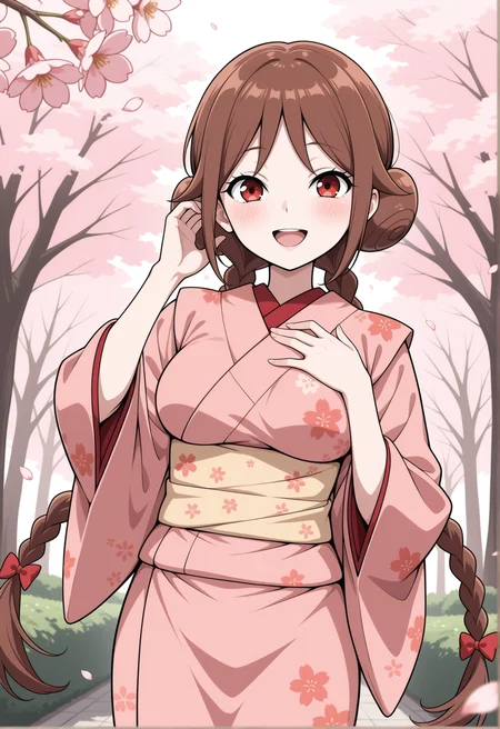 masterpiece,best quality,amazing quality, (aged up:1.2), anime coloring, flat colors,
<lora:NoobV065sHyperDmd:.5>,
<lora:tachibana_yuzuki_meipaws:1> 1girl, japanese clothes, pink kimono, hair bun, wide sleeves, yellow sash, floral print, double bun, twin braids, blush, red eyes, looking at viewer, smile, print kimono, brown hair, open mouth, cherry blossoms, hair bow, hand on own chest, red bow, petals, flower, hand in own hair, blurry foreground, :d, hand up, long sleeves, upper teeth only, low twin braids