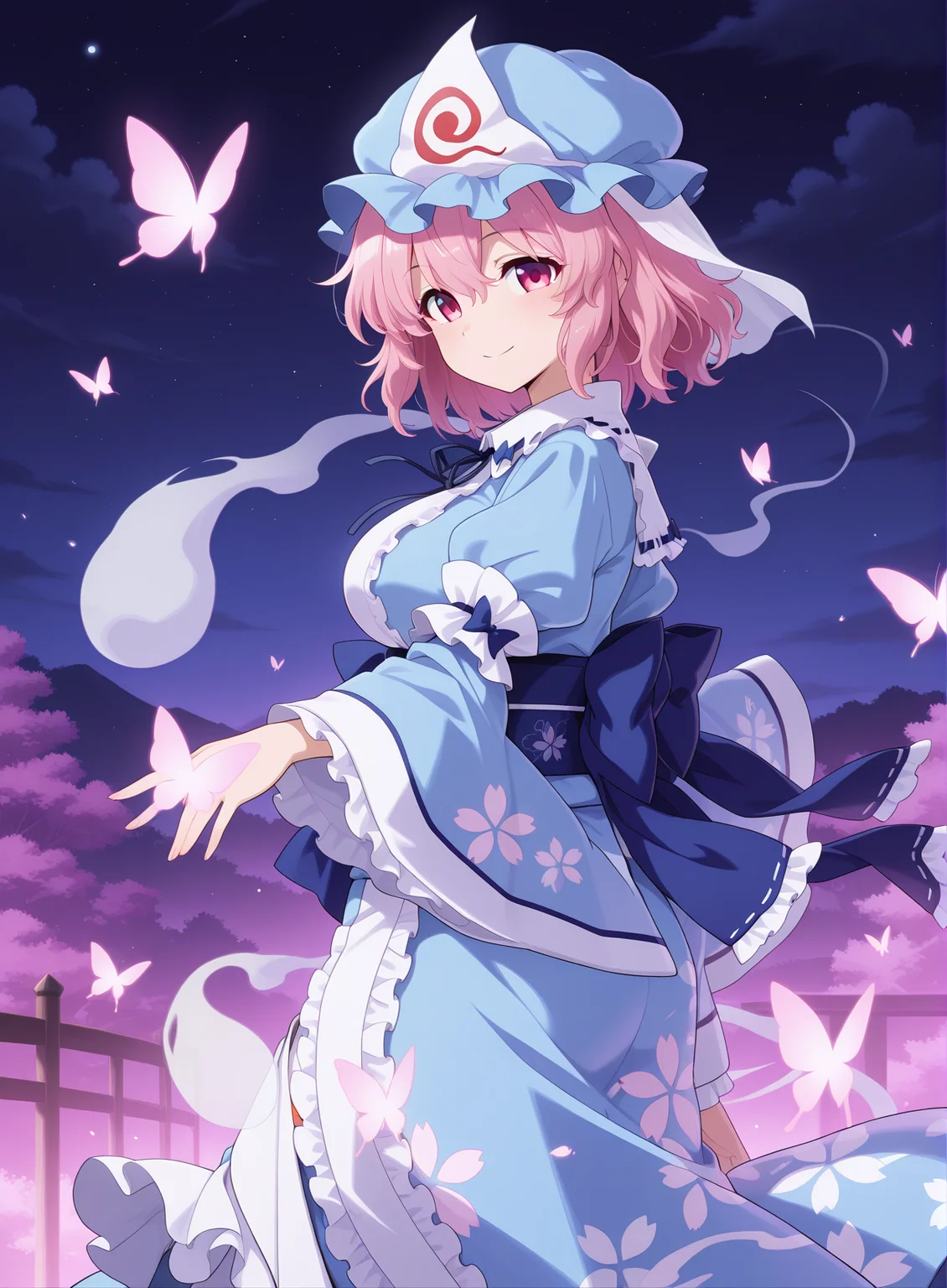 absurdres, highres, masterpiece, best quality, amazing quality, official anime artwork, screencap, anime screencap, outdoors, looking at viewer, smile, dynamic pose,
<lora:Yuyuko-Saigyouji_IllustriousV2:1> saigyouji yuyuko, 1girl, solo, pink eyes, pink hair, short hair, medium large breasts,, mob cap, triangular headpiece, blue kimono, long sleeves, wide sleeves, sash, ribbon, floral print,
pink butterfly, night, cloud, star,