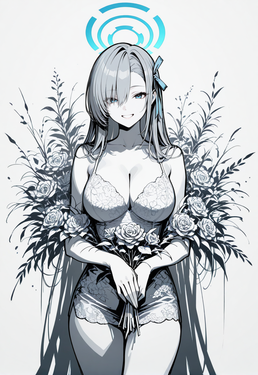 masterpiece, newest, absurdres, best quality, hires, 1girl, asuna ichinose \(blue archive\), abstract, floral work, lineart, sketch, 12678