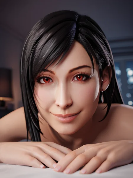score_9_up, score_8_up, score_7_up, source_3d, <lora:3D_R34_Style:0.9>, blender 3d, detailed 3d, nsfw, detailed body, five fingers, good fingers, Tifa, black hair, long hair, red eyes, Tifa outfit, looking at viewer, pov, realistic, solo focus, on stomach, hands on face, soft smile, closed eyes, face focus, close up, solo focus, background bedroom, (at night, dark, blurry background), (realistic, cinematic, high quality, photorealistic, best quality, ultra detailed)