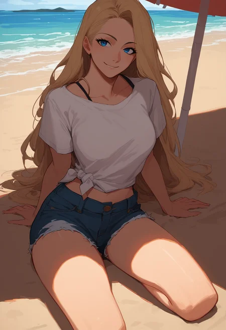 score_8_up, source_anime, adult woman, long hair, blonde hair, blue eyes, day, beach, shadow, outdoors, shirt, denim shorts, beach umbrella, breasts, looking at viewer, smile, looking at viewer,
<lora:DarkerThanDarkV1:0.5> <lora:NoctFlatStyleV4:0.5>