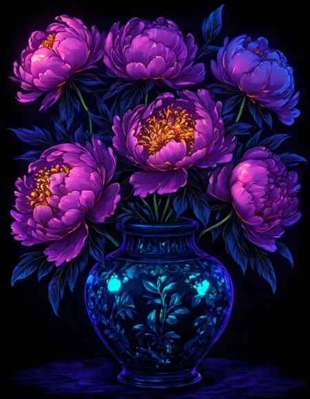 novuschroma80 style peonies flowers in a vase blacklight art <lora:novuschroma80 style:1>