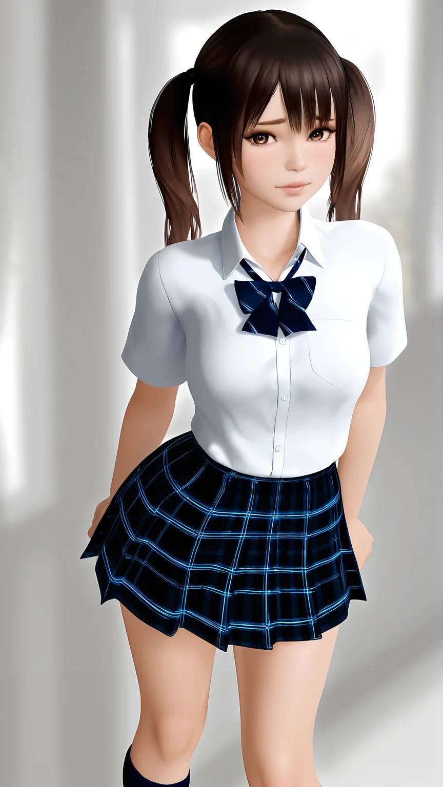 amazing quality,absurdres,best quality,masterpiece,highres,newest,detailed,detailed body,detailed face,solo,3d,realistic, 
3ribishoujo,1girl,school uniform,skirt,socks,brown hair,brown eyes,plaid skirt,kneehighs,<lora:3ribishoujo:0.85>,