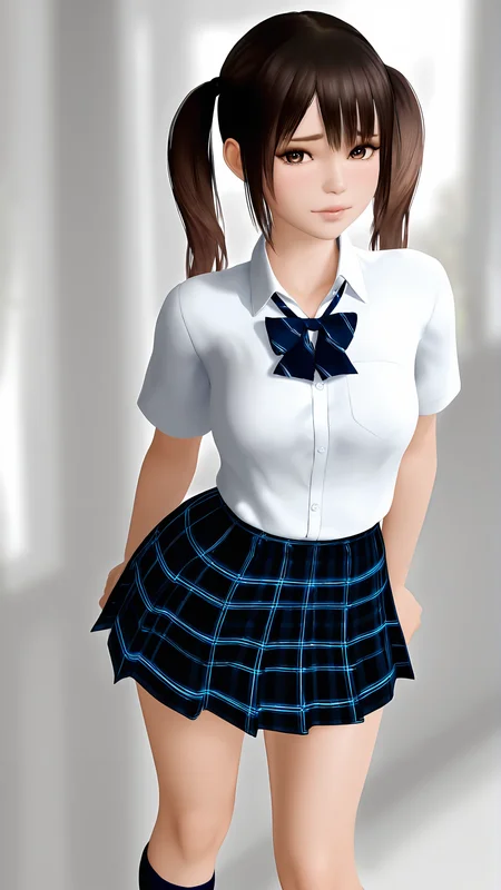 amazing quality,absurdres,best quality,masterpiece,highres,newest,detailed,detailed body,detailed face,solo,3d,realistic,
3ribishoujo,1girl,school uniform,skirt,socks,brown hair,brown eyes,plaid skirt,kneehighs,<lora:3ribishoujo:0.85>,