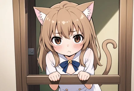 Aisaka_Taiga, 1girl, solo, flat chest, brown_eyes, blush, bow, catgirl, cat ears, cute, peeking, white legwear, playful, cat tail