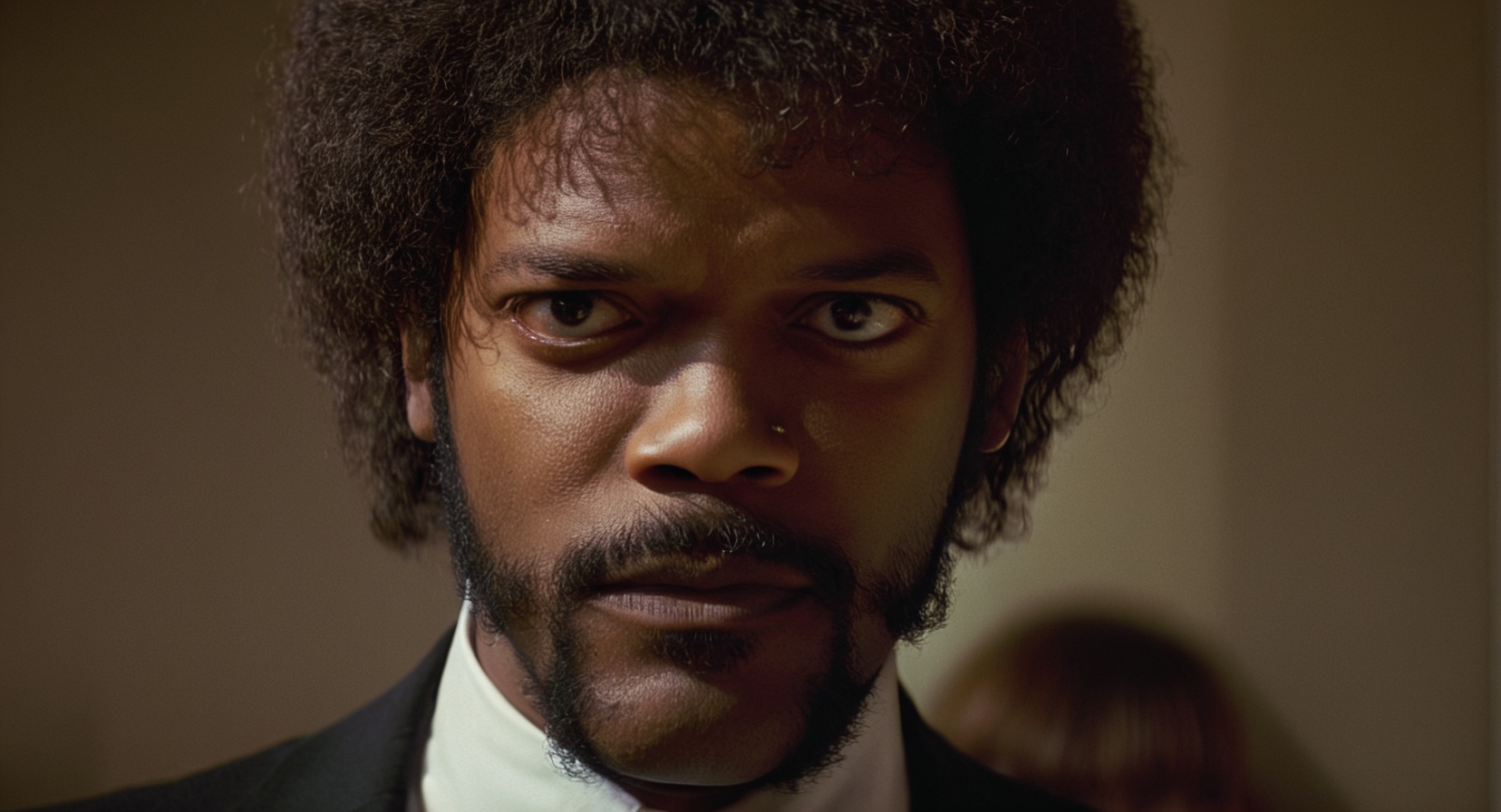 cinematic film still of  <lora:Pulp Fiction style:1>
Jules Winnfield a man with a beard and a tie,closeup,staring at camera,big eyes,solo,looking at viewer,brown hair,shirt,black hair,1boy,brown eyes,male focus,parted lips,teeth,facial hair,portrait,realistic,mustache,afro , 1990's, 90's, film, cinematic, crime and violence, classic, graphic violence, Kodak film, motion picture image,Pulp Fiction style, Pulp Fiction Film style, shallow depth of field, vignette, highly detailed, high budget, bokeh, cinemascope, moody, epic, gorgeous, film grain, grainy