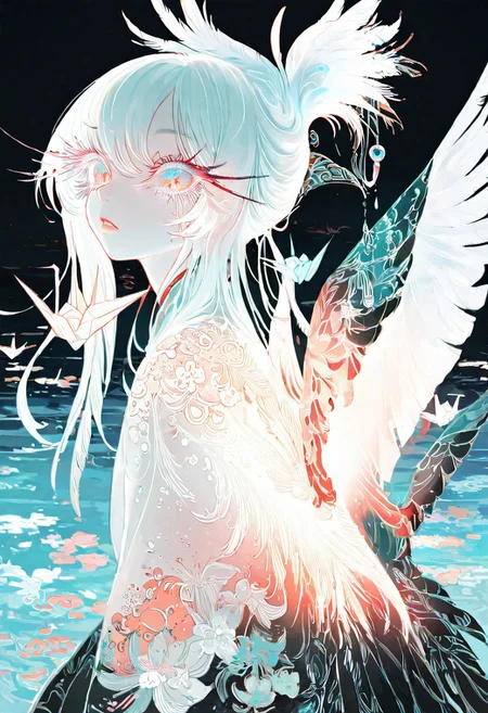 1 girl , solo , crane girl , wings , ((long eyelashes , feather eyelashes)) , white feather with blue tip, water eyelashes , white hair , floating paper crane , feather hair , floral print , glow, 
masterpiece, best quality, good quality, very awa, newest, highres, absurdres, a close-up shot of