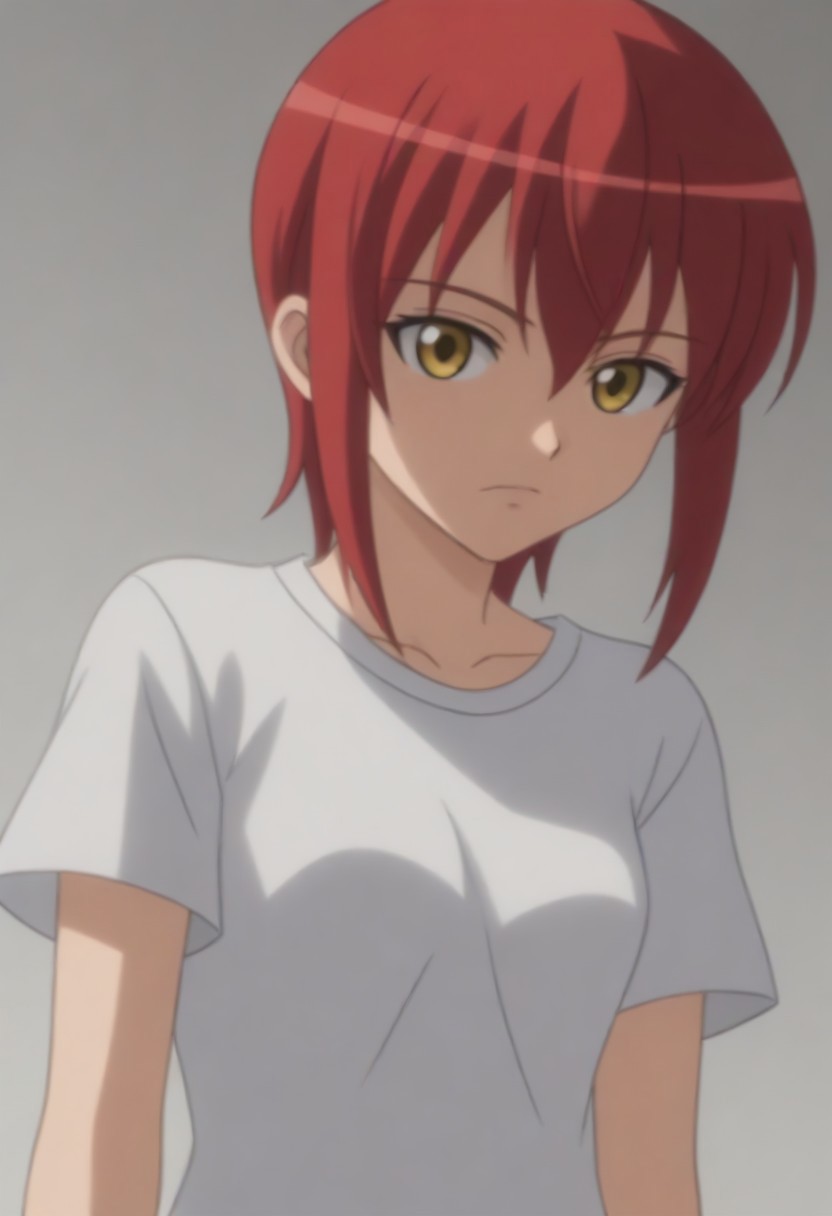 source_anime, anime screencap, source_anime, auratheguillotine, anime screencap, masterpiece, source_anime, shiny skin,,,,,,black t-shirt,1girl, solo, rza, red hair, yellow eyes,
