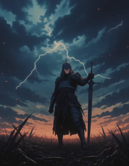 A fierce warrior with a massive sword stands on a battlefield littered with the remnants of a great battle. The sky is dark, filled with swirling clouds and distant lightning. His armor is battered, but his eyes burn with determination as he surveys the approaching enemy.,
<lora:NeonFantasyFLUX:0.8> ne0nfant4sy,
