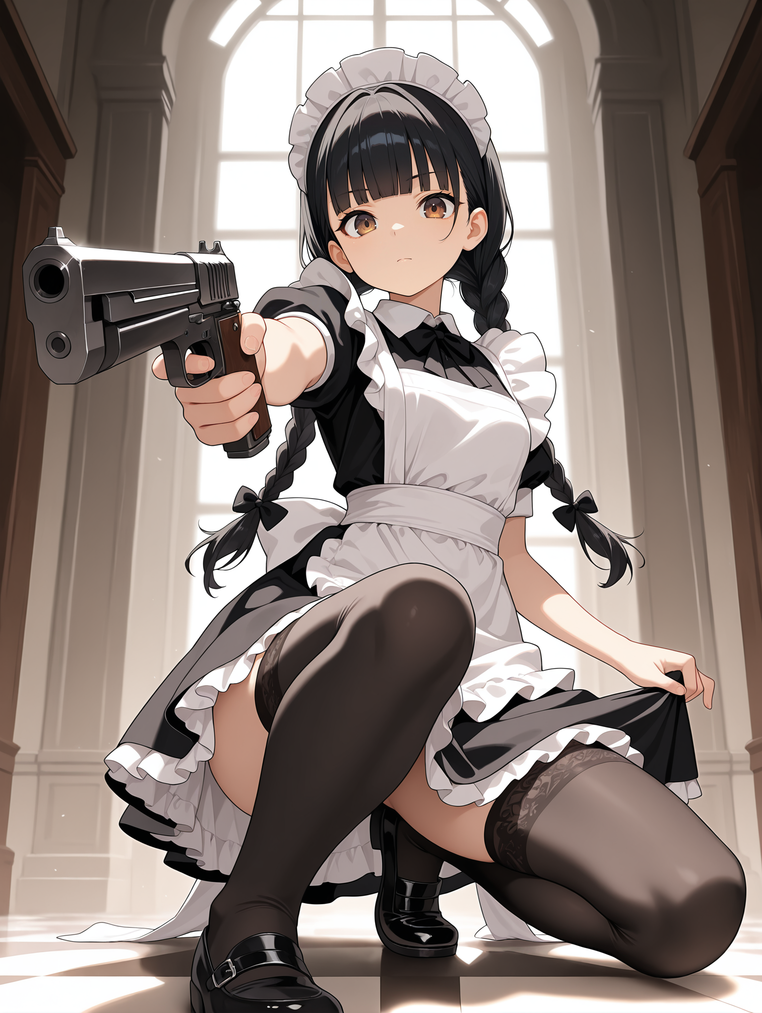 1girl,solo,black thighhighs,suspenders,weapon,maid,holding,frills,apron,holding weapon,black footwear,dress,black dress,black hair,maid headdress,bangs,braid,one knee,twin braids,holding gun,white apron,ribbon,bow,long hair,closed mouth,gun,thigh,looking at viewer,brown eyes,foreshortening,maid apron,twintails,blunt bangs
,masterpiece,best quality,amazing quality,