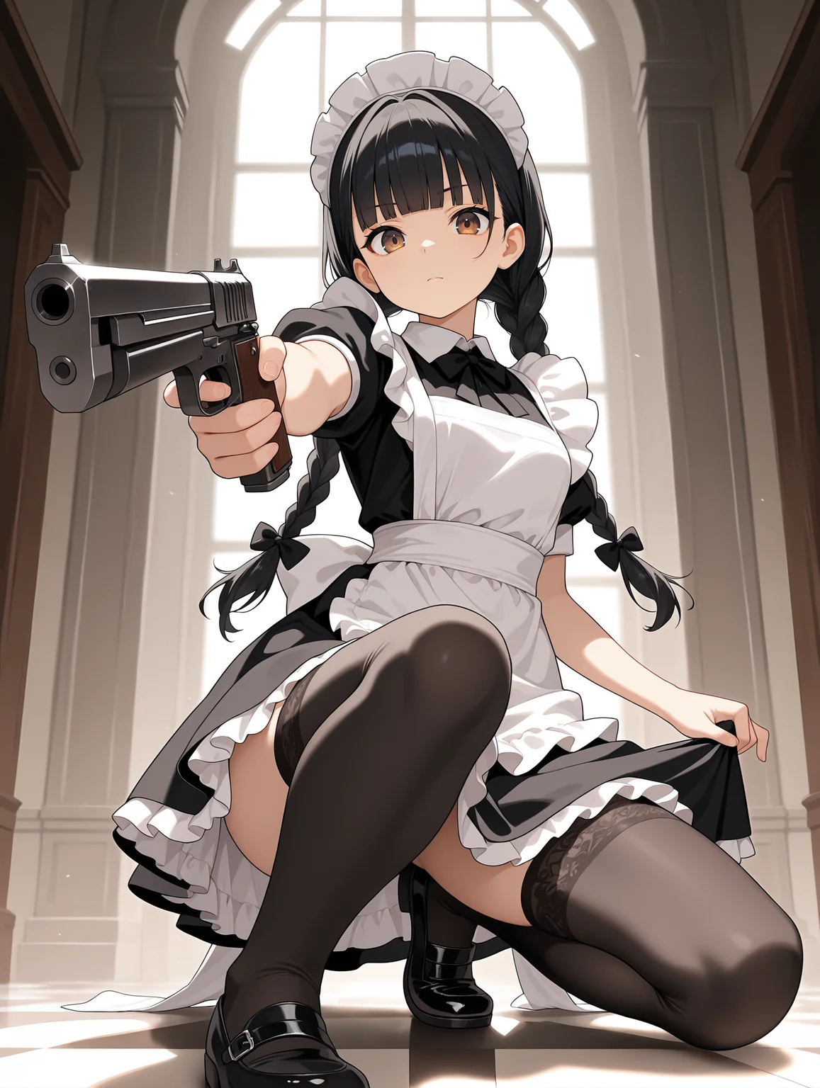 1girl,solo,black thighhighs,suspenders,weapon,maid,holding,frills,apron,holding weapon,black footwear,dress,black dress,black hair,maid headdress,bangs,braid,one knee,twin braids,holding gun,white apron,ribbon,bow,long hair,closed mouth,gun,thigh,looking at viewer,brown eyes,foreshortening,maid apron,twintails,blunt bangs
,masterpiece,best quality,amazing quality,