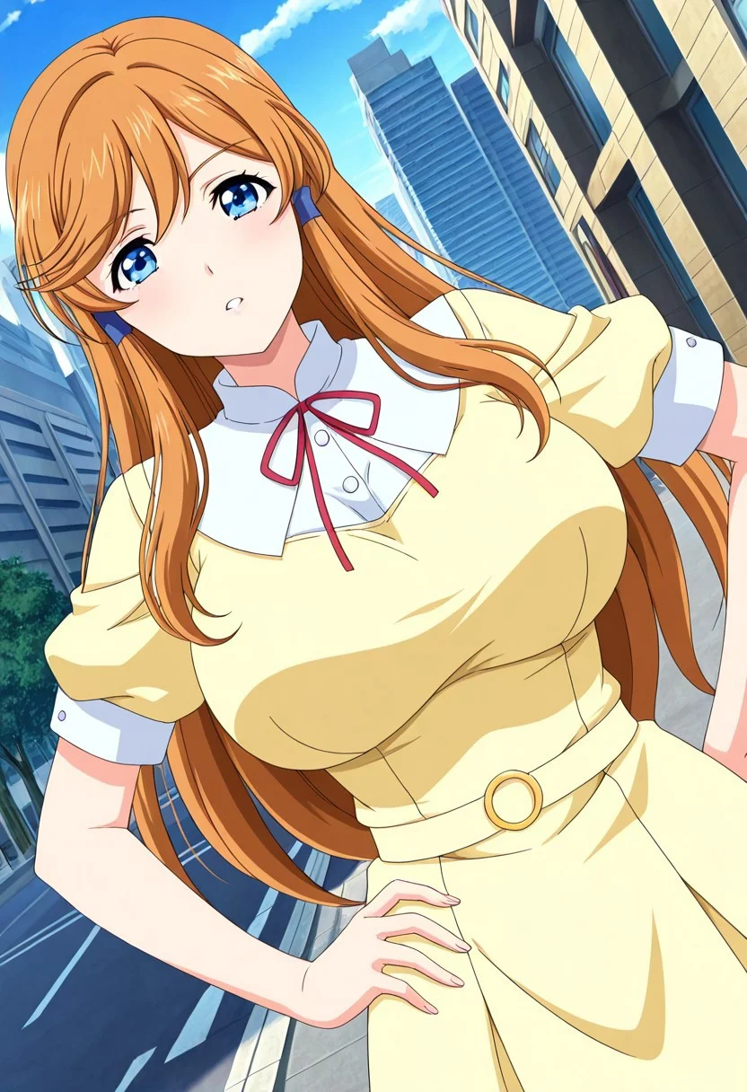 general,highres, ultra-detailed,very aesthetic,best quality ,best hands,best eyes,easynegative,
dynamic anglre, dutch angle, anime cloring,anime screencap,
1girl solo,looking at viewer,city,outdoors,hand on hip,
Mikan Hanamaru,orange hair,long hair,blue eyes,huge breasts,dress,
