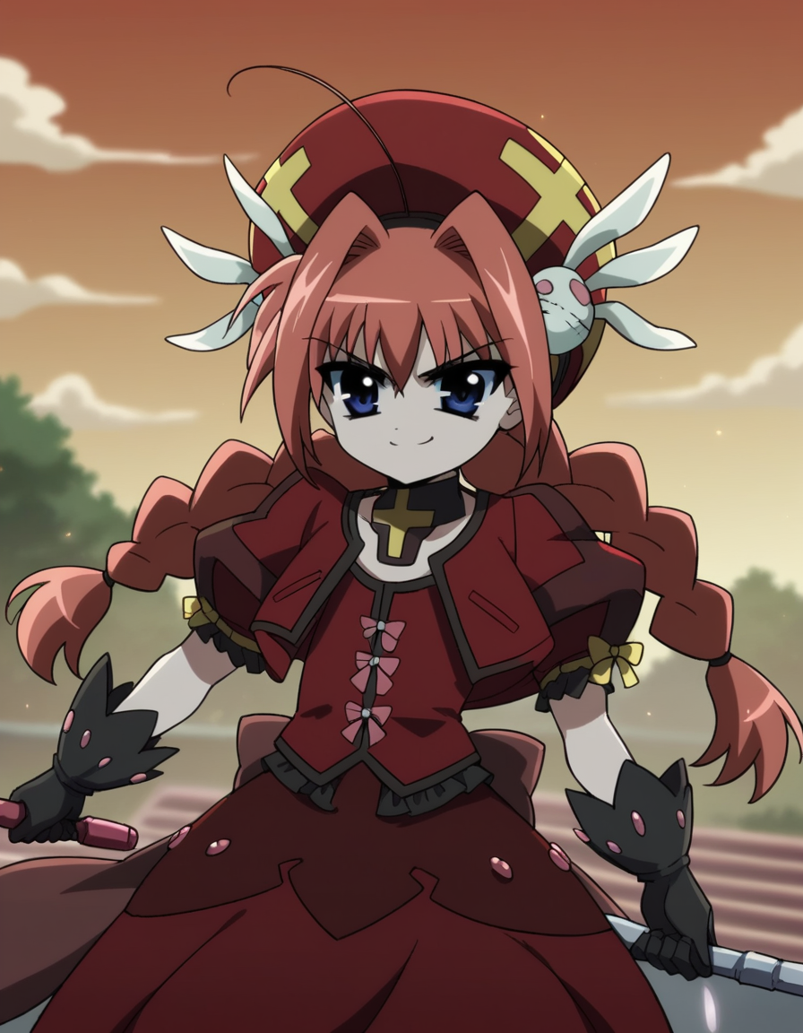 score_9, score_8_up, score_7_up, source_anime, <lora:vita-movie2-ponyxl-lora-nochekaiser:1>, vita, blue eyes, braid, ahoge, red hair, twin braids, rabbit hair ornament,, gloves, hat, dress, weapon, open clothes, open jacket, magical girl, red dress, cropped jacket, hammer,, backyard, barbecue, grilling, laughter, summer evening, , , smug, solo,, dutch angle,