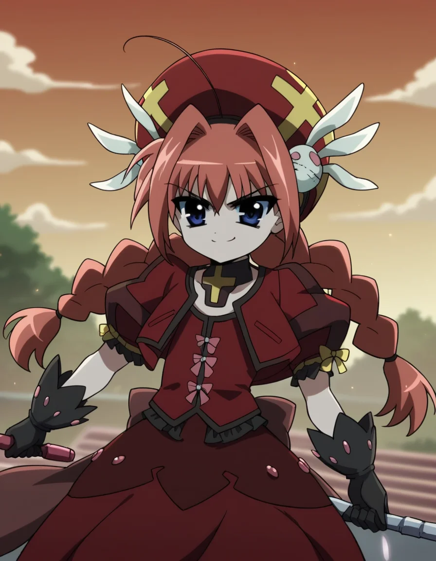 score_9, score_8_up, score_7_up, source_anime, <lora:vita-movie2-ponyxl-lora-nochekaiser:1>, vita, blue eyes, braid, ahoge, red hair, twin braids, rabbit hair ornament,, gloves, hat, dress, weapon, open clothes, open jacket, magical girl, red dress, cropped jacket, hammer,, backyard, barbecue, grilling, laughter, summer evening, , , smug, solo,, dutch angle,