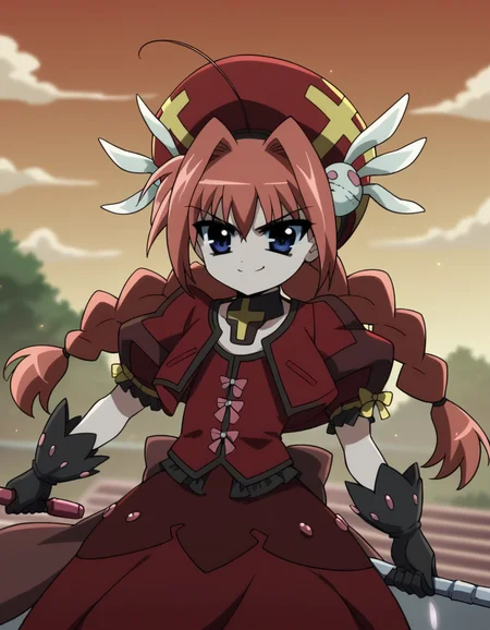 score_9, score_8_up, score_7_up, source_anime, <lora:vita-movie2-ponyxl-lora-nochekaiser:1>, vita, blue eyes, braid, ahoge, red hair, twin braids, rabbit hair ornament,, gloves, hat, dress, weapon, open clothes, open jacket, magical girl, red dress, cropped jacket, hammer,, backyard, barbecue, grilling, laughter, summer evening, , , smug, solo,, dutch angle,