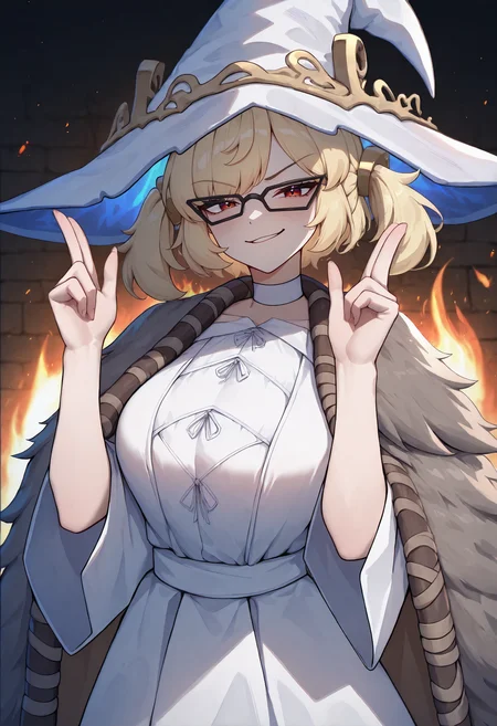 masterpiece, best quality, newest, absurdres, highres, 1girl, RnnDef, witch hat, large hat, white headwear, white dress, long sleeves, wide sleeves, fur cloak, brown cloak, <lora:Ranni_illusXLNoobAI_Incrs_v1-000012:1>, <lora:Hoseki_ZenlessZoneZero_BurniceWhite_IllustriousXL_v1:1> brncwht, red eyes, blonde hair, medium hair, twintails, hair ornament, large breasts, fire, smirk, double finger gun, choker, glasses,