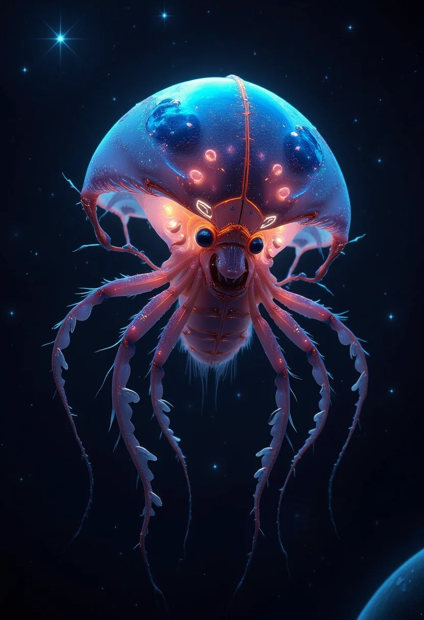 A bioluminescent, yfg-bgy jellyfish-like bug floating through the inky blackness of deep space, stars twinkling in the background.