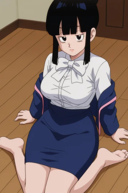 source_anime, score_9, score_8_up, score_7_up, anime screencap, absurdres, official style, chi-chi, bangs, black hair, blunt bangs, sidelocks, hair bun, single hair bun, black eyes, 1girl, solo,tired, indoors, wooden floor, from above, broly movie, bowtie, blue jacket, open jacket, long sleeves, white shirt, dress shirt, pencil skirt, blue skirt, high-waist skirt, barefoot, toenails, 
 <lora:chichi_pony_v3e20:0.8>