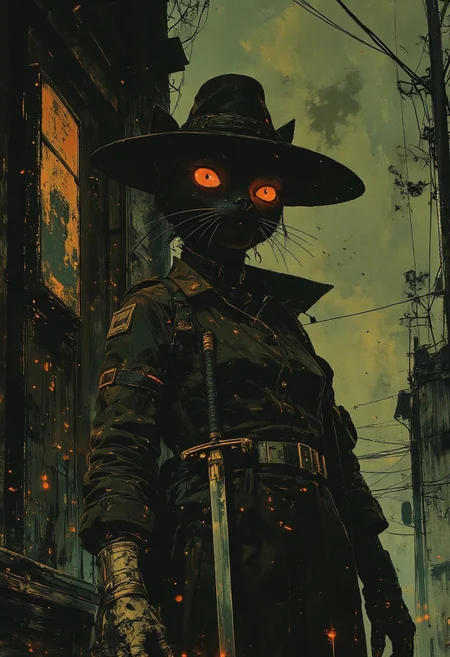 A black cat in a trenchcoat and a fedora,holding a samurai sword. In noir style cyberpunk