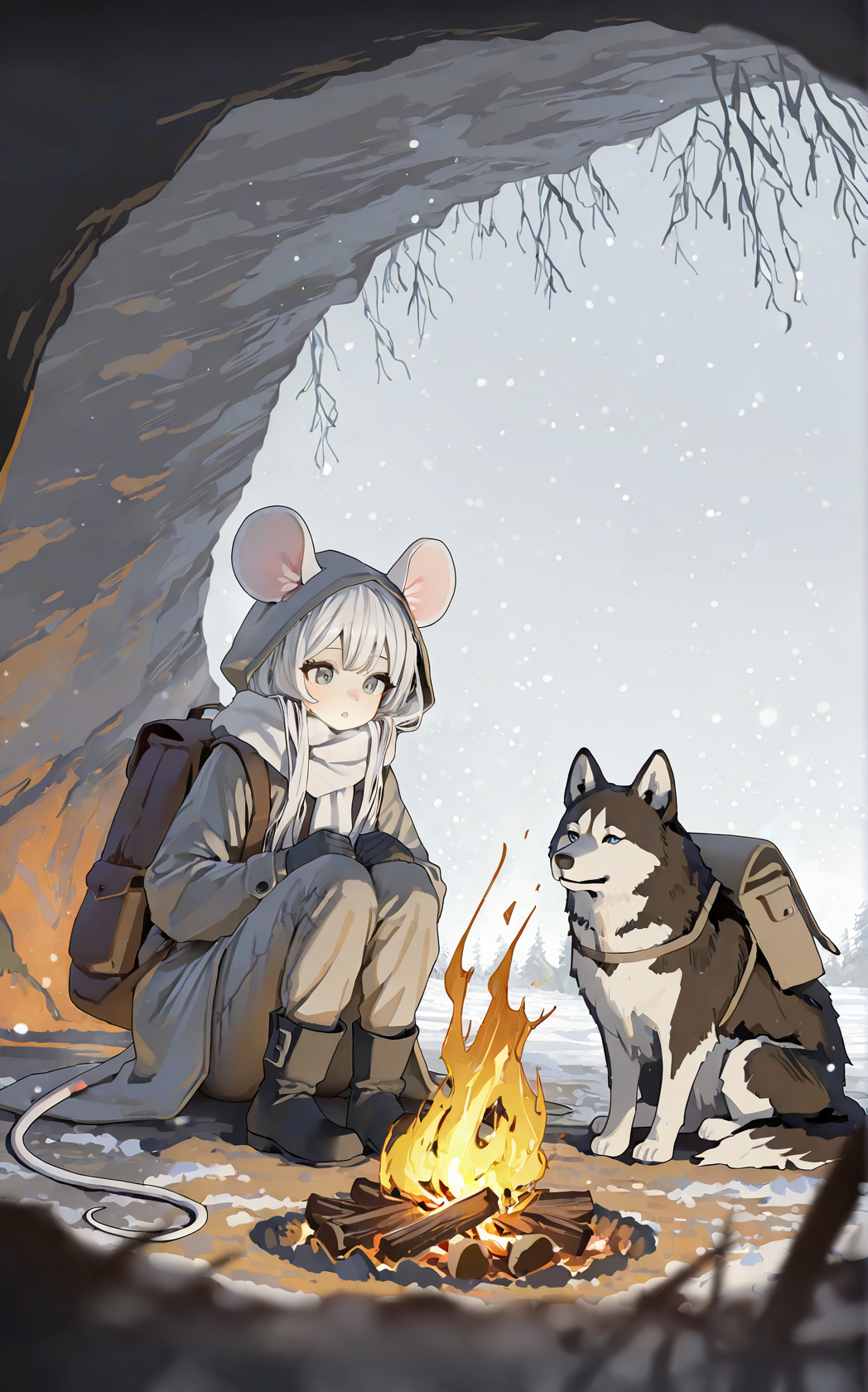 1girl,solo,petite,sitting,Facing the campfire,looking at campfire,backpack on ground,white hair,white mouse ears,long hair,(beautiful_detailed_eyes:1.3),grey eyes,mouse tail,mouse girl,parted lips,Thick coat,Warm pants,black footwear,gloves,campfire,(indoor:1.1),hiding from the Blizzard in the cave,(Narrow cave:1.2),snowstorm,hood,white scarf,dog,(Husky:1.1),cinematic_angle,best quality,masterpiece,Cinematic Lighting,Single light source(bonfire),depth_of_field,absurdres,wallpaper,grey theme,ningen mame,<lora:rafaelaaa:0.6>,