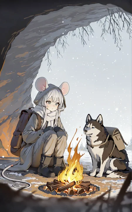 1girl,solo,petite,sitting,Facing the campfire,looking at campfire,backpack on ground,white hair,white mouse ears,long hair,(beautiful_detailed_eyes:1.3),grey eyes,mouse tail,mouse girl,parted lips,Thick coat,Warm pants,black footwear,gloves,campfire,(indoor:1.1),hiding from the Blizzard in the cave,(Narrow cave:1.2),snowstorm,hood,white scarf,dog,(Husky:1.1),cinematic_angle,best quality,masterpiece,Cinematic Lighting,Single light source(bonfire),depth_of_field,absurdres,wallpaper,grey theme,ningen mame,<lora:rafaelaaa:0.6>,