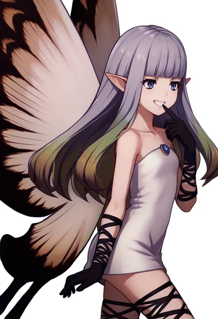 score_9, score_8_up, score_7_up, source_anime, BREAK 1girl, grin, finger to mouth, <lora:zs_EngagePortraitsXL:1> engageportraits, portrait, white background, <lora:AiryBD-pdxl:1> airyBD, long hair, blunt bangs, gradient hair, pointy ears, white dress, short dress, strapless, fairy wings, black gloves, fishnet gloves, fishnet thighhighs