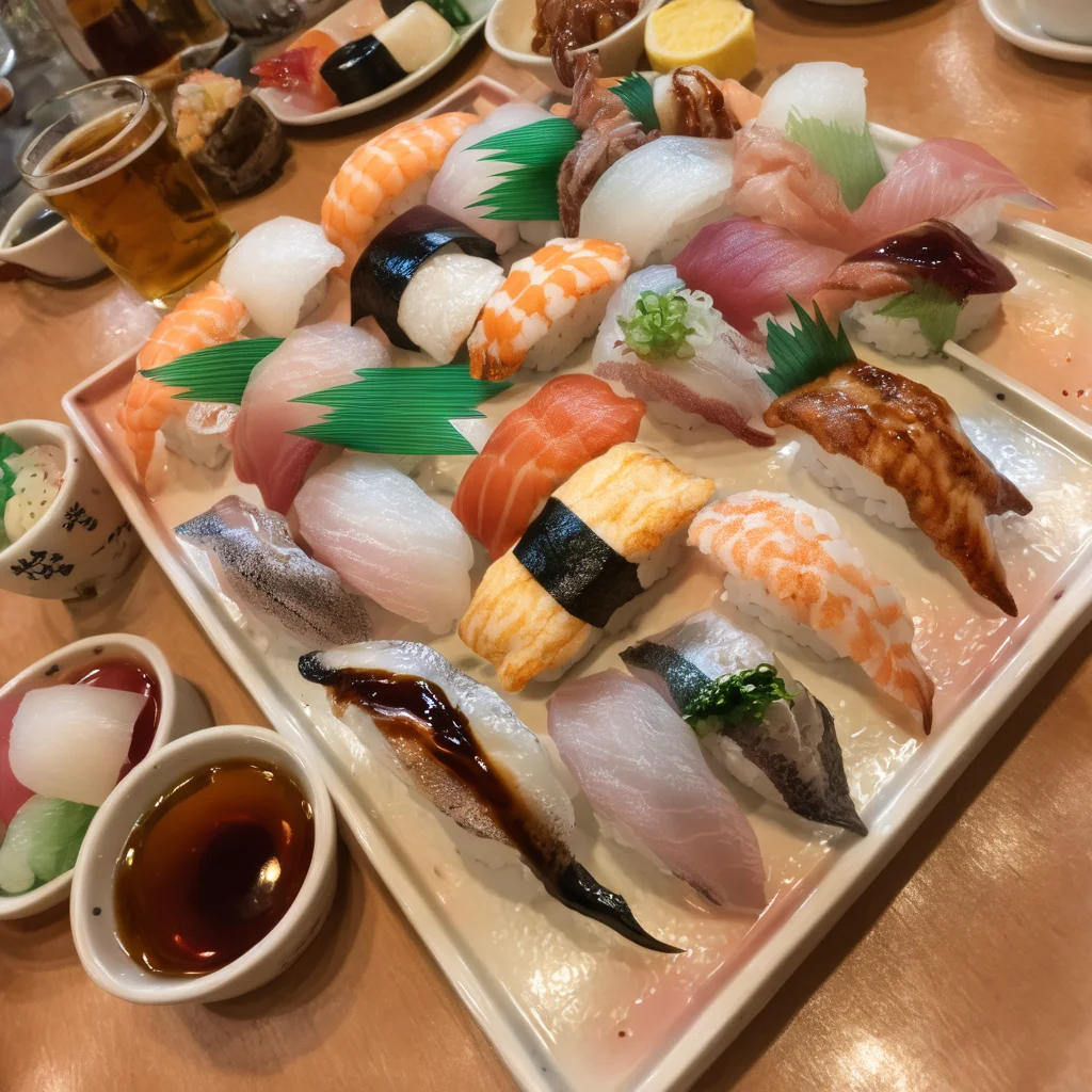 best quality, ultra-detailed,
nigiriL, sushi, still life, food, sushi, food focus, bottle, rice, chopsticks, seaweed, beer, beer mug, realistic,
<lora:sushi_SDXL_V2:1>
