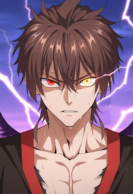 masterpiece, best quality, amazing quality,high resolution,intricate details,official style,depth of field,anime screencap,anime coloring , , , 1boy, solo, male focus,<lora:zhou_yi-fan:0.74>,zhuo-yi fan,looking at viewer,short hair, brown hair,glowing eye,flame eyes,red eyes,golden eyes, hair between eyes, collarbone, upper body,sweat, parted lips,purple wings, torn clothes,intricate red trim, heterochromia, eletric spark,lightning
