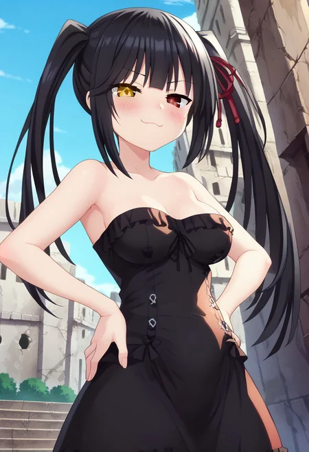 anime screencap, anime coloring, best quality,
outdoors, old city, ruins, sky
BREAK
hands on back, hand on own stomach,
kurng, long hair, black hair, twintails, red eyes, yellow eyes, heterochromia, clock eyes,
tube dress, black dress, strapless, round breasts,
standing, legs apart,
looking at viewer, blush, smug, half closed eyes, 
upper body, from side, (bloated stomach:0.7)