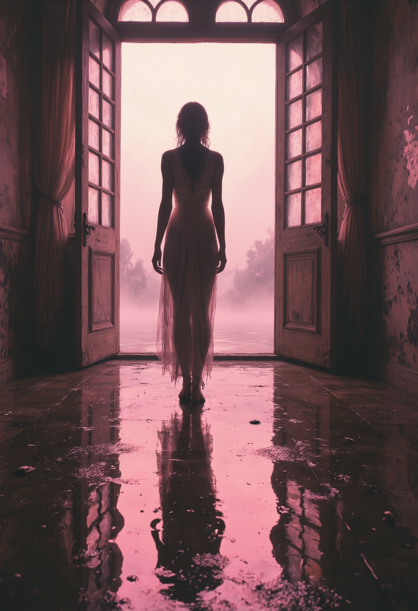 A wide-angle cinematic portrait of a solitary woman standing in the open doorway, silhouetted against the first pale light of dawn. The flooded floor reflects her tall, statuesque form and the arched, peeling walls around her. The double doors are grimed and fogged and cast a soft, cool pink glow across the room. She stands tall, one hand lightly resting on the doorframe, the other trailing in the shallow water, rippling its surface. A thin, sheer fabric clings to her damp silhouette, catching the rosy dawn shafts and creating gentle highlights along her shoulders and back. Dust motes drift in the air, illuminated by the early light. Tattered curtains frame her on either side, their frayed edges flickering between shadow and soft blush. <lora:Mezzotint_Artstyle_for_Flux_-_by_Ethanar:0.5500000000000002> <lora:SkoolDaze_Portrait_Style-000014:0.5500000000000002> <lora:illustration20FLUX20.XsbF:0.3500000000000001> <lora:cpa.LgFo:0.3500000000000001>