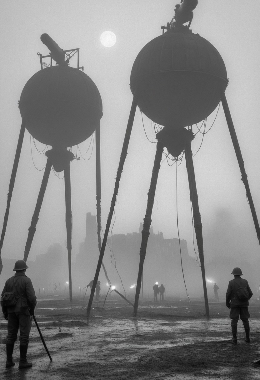 monochrome, black and white photo, old photo,blurry, low quality, old photo defects, world war 1, steam punk technology, automatons, battlefield, destroyed city,rubble, collapsed buildings, fires, artillery, Thick fog, strange shaped robots moving in the distance,massive machines in far distance,massive robots with 3 long legs ,spherical bodies,no arms, antenna, wires, consistent design,three lights ,cylindrical object protruding from the body with 3 lights on its front, looking at viewer, scary, damaged robots, trench warfare, no mans land, small humans, large robots, art style of simon stalenhag