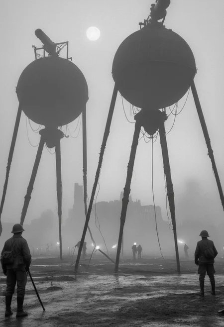 monochrome, black and white photo, old photo,blurry, low quality, old photo defects, world war 1, steam punk technology, automatons, battlefield, destroyed city,rubble, collapsed buildings, fires, artillery, Thick fog, strange shaped robots moving in the distance,massive machines in far distance,massive robots with 3 long legs ,spherical bodies,no arms, antenna, wires, consistent design,three lights ,cylindrical object protruding from the body with 3 lights on its front, looking at viewer, scary, damaged robots, trench warfare, no mans land, small humans, large robots, art style of simon stalenhag