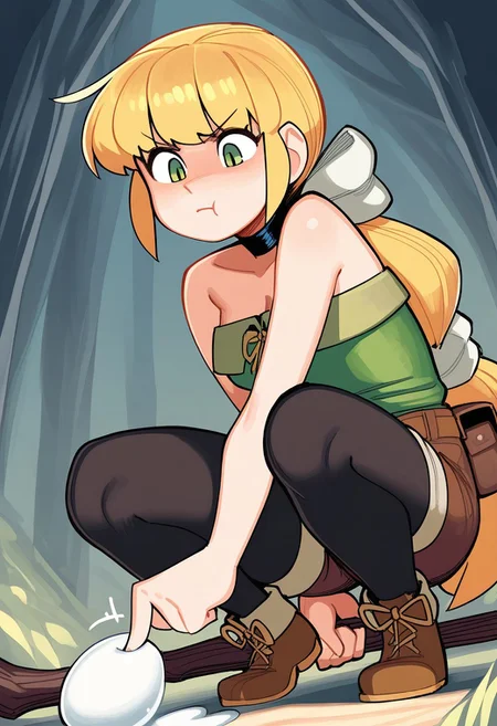 (absurdres, masterpiece, best quality), wamudraws, 
1girl, solo, dynamic angle,
Virginia, blonde hair, green eyes, brown shorts, black tights, black choker, bare shoulders, bare chest, green top, strapless top, holding staff, large white egg, egg on the ground, (staff poking egg), staff touching egg, pout, angry, squatting, looking at egg