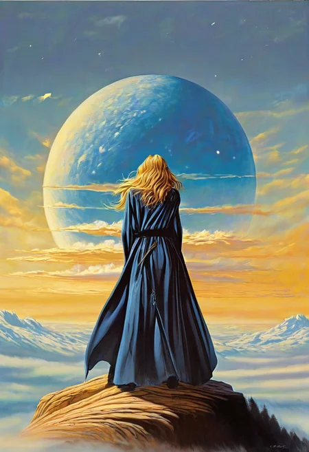 1woman, blonde hair, the grim reaper, facing away, rocky hill, standing, black robe blowing in the wind, clouds, sky, sunset, stars, cosmic, in meditation, ultra detailed landscape, bright yellow energy surrounding surrounding her, volumetric lighting, ultra detailed clothes, ultra detailed body, ultra detailed hair, an ancient city made of blue crystals is in the distance, serenity, holding a sword, glowing,
by Natalia Rak and Barclay Shaw in the style of Jessica Rossier, <lora:EnvyAnimeWatercolorXL02:0.60> , Elmore_Style_LX <lora:Elmore_Style_LX-000011:0.60>