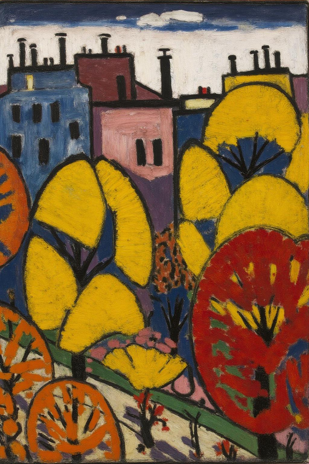 henrylymansayen1 painting.
A cityscape with buildings painted in blue, pink, and yellow. The buildings have windows and chimneys outlined in black. In the foreground, there are trees with bright yellow, red, and green leaves. The background includes a dark sky with a few clouds. <lora:henrylymansayen1_cap_d6a3:1.0><lora:861461042734093231:0>