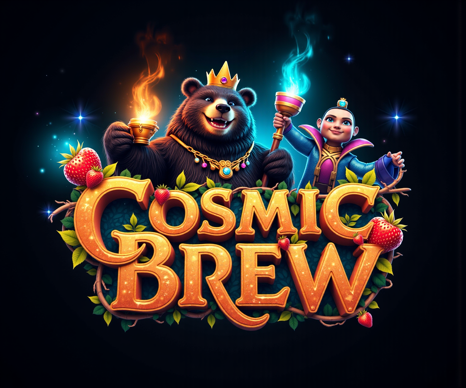 **Movie Title:** "Cosmic Brew" **Character Analysis:** 1. **Bear Guardian:** A stout bear with glossy black fur and a majestic golden crown adorned with gemstones. It holds a steaming mug in one paw, radiating warmth and wisdom. The bear's smile exudes joy and friendliness, suggesting a guiding role. A magical staff with swirling energy complementing its nature. 2. **Mystic Alchemist:** A humanoid character with flowing robes made of shimmering blue fabric. The character has sharp features and bright, mesmerizing eyes that imply intelligence and mystery. They wield a glowing potion vial and are engaged in a dynamic gesture as if mixing magic. 3. **Tech Warrior:** A cybernetic being with sleek armor and mechanical enhancements, showcasing advanced technology. They hold a futuristic weapon, poised in an action-ready stance. Their expression is fierce and focused, embodying the archetype of a protector. **Input Image Elements:** - Integrated motifs of steaming cups and berries (like strawberries) to suggest magical transformations. - Color scheme featuring deep blacks, electric blues, fiery oranges, and sparkling greens. - Atmospheric elements hinting at a mystical forest or cosmic backdrop. **Logo Design with Character Integration:** Transform the title "Cosmic Brew" into a 3D logo with finely carved lettering entwined with vines and magical artifacts. The Bear Guardian emerges from the letter 'C,' while the Mystic Alchemist swings into 'O,' and the Tech Warrior bursts forth from the 'B,' creating a dynamic sense of action. **Visual Effects:** Surround the characters and letters with swirling energy fields, magical auras emitting from the potion vial and the bear's mug. Include particle systems of starry dust and cascading light effects emphasizing the characters' powers and actions. **Material and Texture:** Use hyper-realistic textures for the characters' fur and armor. The logo should feature reflective surfaces with a metallic sheen, integrating magical glows on the letters. **Lighting:** Utilize dramatic, rainbow-colored lighting to highlight the characters and the 3D structures of the logo, with glowing accents on their features and items. **Color Palette:** A cinematic color palette of deep blacks, rich golds, electric blues, and vivid greens, creating contrast and unity among characters and the logo, reminiscent of a fantastical realm. **Animation Hints:** Suggest characters performing signature moves that create rippling effects on the letters, like the bear raising its mug, causing waves of energy to emanate through the logo. **Environment Integration: