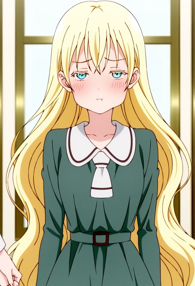best quality, masterpiece, anime screencap, anime coloring, ultra detailed, source_anime, intricate details, perfect anatomy, 
olivia, 1girl, solo, long hair, blonde hair, very long hair, bangs, blue eyes, bangs, holding hands, blue eyes, dress, belt, pout, blush, green dress, :t, window, long sleeves,
small breasts, shiny skin, looking at viewer, shy, smile,