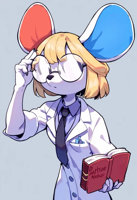 score_9_up, score_8_up, score_7_up, score_6_up, source_furry, source_cartoon, petri, mouse, white fur, blonde hair, red inner ear, blue inner ear, furry, female, solo, short hair, bangs, opaque eyewear, adjusting eyewear, holding books, simple background, labcoat, necktie