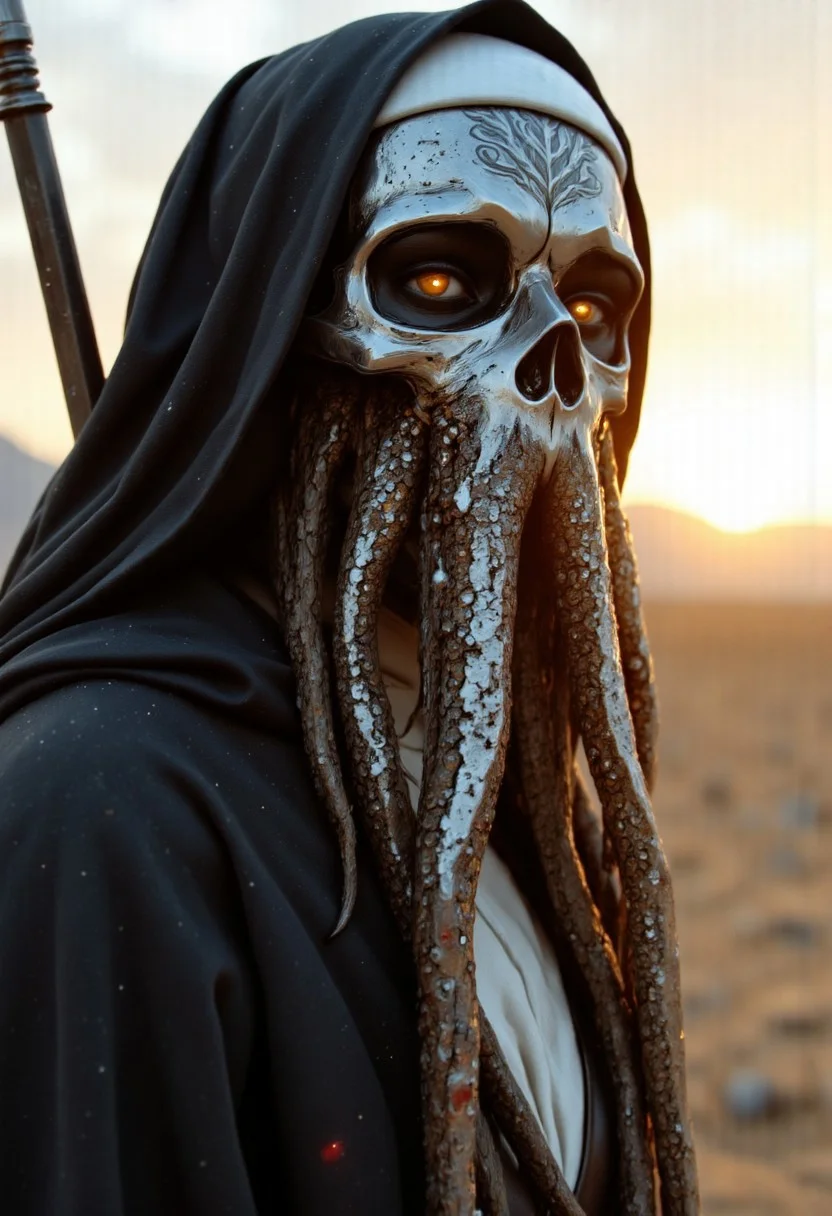 An extreme close-up Closeup of the nun’s face, framed by the intense, gritty realism of an old analog camera. The mechanical Skull octopus hknuns nun wears a detailed, ancient silver mask, its surface weathered and battle-scarred, yet intricately adorned with delicate engravings. The mask reflects the faint glow of divine energy, with radiant golden and white light flickering across its surface, A powerful nun wielding a massive, old, and rusty sword resembling the iconic one from Final Fantasy. The scene is set during an eerie sundawn, where swirling dust and wind cause her translucent nun's habit to billow dramatically. the rusted sword adding a gritty, ominous vibe. The sun's orange and gray hues blend into the sky as her tattered habit flutters. The atmosphere is cinematic, with hyper-realistic detail, soft shadows, and an intense, otherworldly mood in a desolate desert landscape. Moody Closeup Portrait, feudal Silk Road style, amazing quality, masterpiece, best quality, hyper detailed, ultra detailed, UHD, dof, hyper-realism, majestic, awesome, inspiring. Her torn nun's habit glowing dress flap in the breeze. She holds an old, impressively large weapon in her hand, exuding a laid-back yet dangerous vibe. The photo features faded colors, with a limited palette of gray, beige, and washed-out orange, capturing her cool, striking appearance.. cinematic composition, soft shadows, national geographic style, mythp0rt