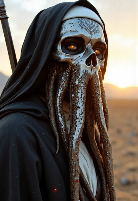 An extreme close-up Closeup of the nun’s face, framed by the intense, gritty realism of an old analog camera. The mechanical Skull octopus hknuns nun wears a detailed, ancient silver mask, its surface weathered and battle-scarred, yet intricately adorned with delicate engravings. The mask reflects the faint glow of divine energy, with radiant golden and white light flickering across its surface, A powerful nun wielding a massive, old, and rusty sword resembling the iconic one from Final Fantasy. The scene is set during an eerie sundawn, where swirling dust and wind cause her translucent nun's habit to billow dramatically. the rusted sword adding a gritty, ominous vibe. The sun's orange and gray hues blend into the sky as her tattered habit flutters. The atmosphere is cinematic, with hyper-realistic detail, soft shadows, and an intense, otherworldly mood in a desolate desert landscape. Moody Closeup Portrait, feudal Silk Road style, amazing quality, masterpiece, best quality, hyper detailed, ultra detailed, UHD, dof, hyper-realism, majestic, awesome, inspiring. Her torn nun's habit glowing dress flap in the breeze. She holds an old, impressively large weapon in her hand, exuding a laid-back yet dangerous vibe. The photo features faded colors, with a limited palette of gray, beige, and washed-out orange, capturing her cool, striking appearance.. cinematic composition, soft shadows, national geographic style, mythp0rt