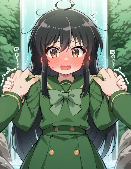 score_9, score_8_up, score_7_up, source_anime, <lora:shakugan-no-shana-s3-ponyxl-lora-nochekaiser:1>, shana, long hair, black hair, brown eyes, ahoge, sidelocks,, school uniform, serafuku, green serafuku, bowtie, green bowtie, green shirt, green sailor collar, long sleeves, green skirt, buttons, thighhighs,, waterfall, water, rocks, plunge, spray, smile, <lora:full-face-blush-ponyxl-lora-nochekaiser:1>, full-face blush, embarrassed, blush, sweat, ear blush, blush, wavy mouth, trembling, open mouth, <lora:hands-on-anothers-shoulders-ponyxl-lora-nochekaiser:1>, hands on another's shoulders, pov, pov hands, cowboy shot,, looking at viewer, solo,, dutch angle, cowboy shot