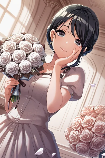 masterpiece, best quality, amazing quality,
<lora:Toka_IL:1> toka, 1girl, solo, dress, black hair, mole under mouth, flower, mole, petals, short sleeves, rose, jewelry, bouquet, holding, indoors, black eyes, looking at viewer, bangs, dutch angle, earrings, smile, swept bangs, white flower, lace trim, hand on own face,