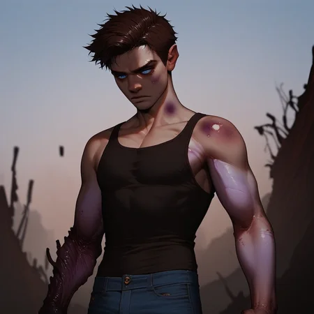 (score_9, score_8_up, score_7_up). (line work, excellent drawing, highest quality, extremely detailed:1.2). solo, a man watching his arm be corrupted. 1boy, brown hair, short hair, blue eyes, jeans, tank top, gradient skin, corrupted_arm, claws, spreading corruption, spreading infection, infected hand, infected forearm, charred skin, (dark hands), bruised hand, black fingers, dark forearm, purple veins, pale skin, thin, injured, serious, relaxed posture, g0thicPXL, romantic, source_cartoon, outdoors, night, dark, moonlight, medium distance, cowboy_shot, semirealistic, side angle, depth of field