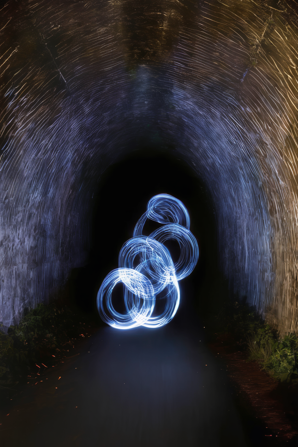 <lora:Photographer Martin Kimbell Style:1>Photographer Martin Kimbell Style - a long exposure photo of a light painting in a dark tunnel with trees in the background