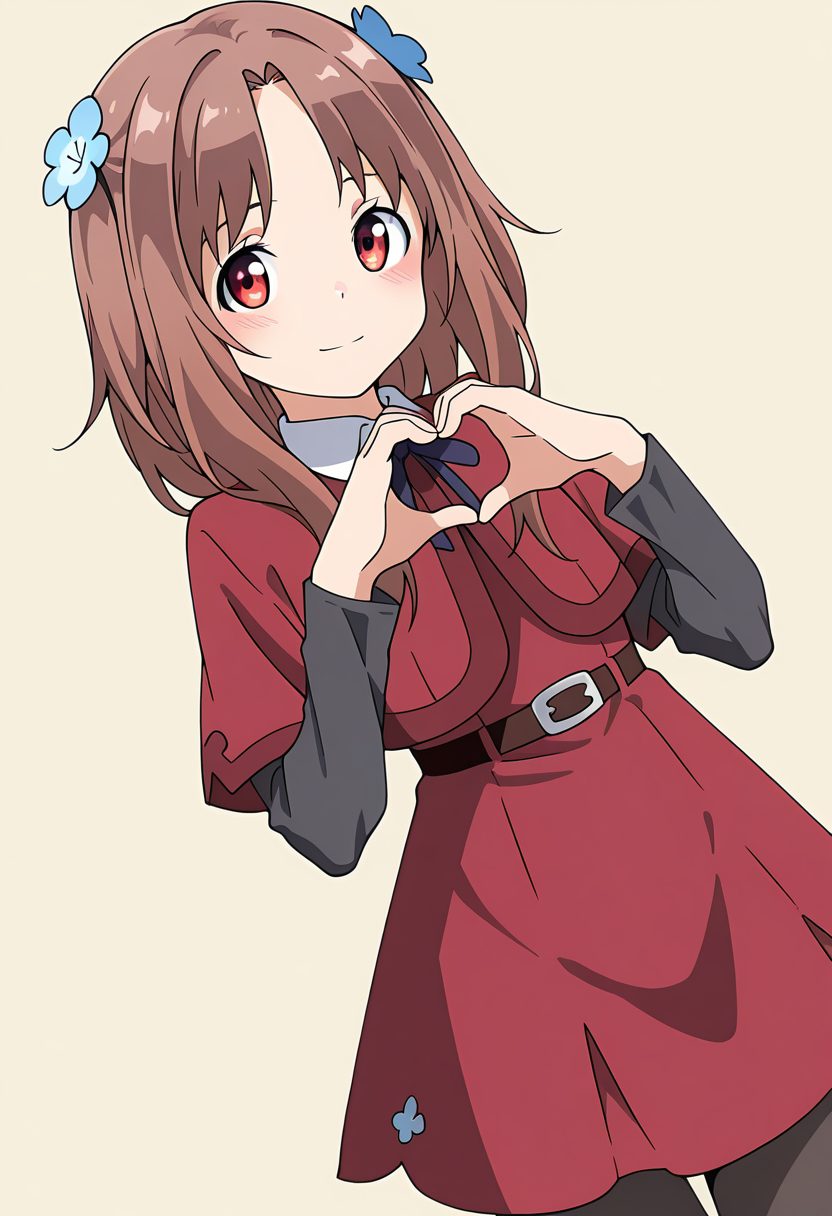 masterpiece,best quality,amazing quality, 1girl, c-hozuki, medium hair, brown hair, red eyes, hair flower, red dress, white collared shirt, brown belt, blue neck ribbon, layered sleeves, short over long sleeves, black pantyhose, looking at viewer, simple background, beige background, dutch angle, light smile, heart hands, blush, <lora:Hozuki_Ferrari_ILLUS_c:1>