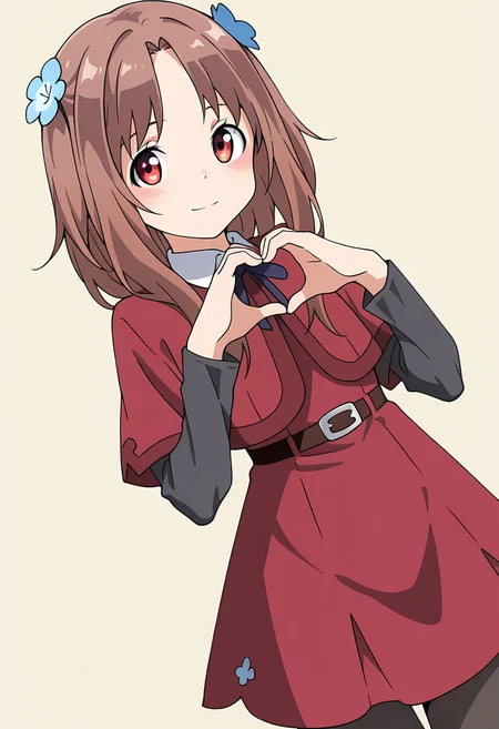 masterpiece,best quality,amazing quality, 1girl, c-hozuki, medium hair, brown hair, red eyes, hair flower, red dress, white collared shirt, brown belt, blue neck ribbon, layered sleeves, short over long sleeves, black pantyhose, looking at viewer, simple background, beige background, dutch angle, light smile, heart hands, blush, <lora:Hozuki_Ferrari_ILLUS_c:1>