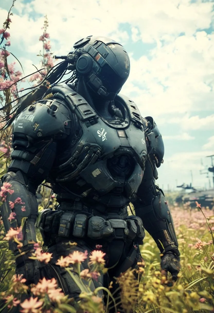 CloseUp, Rearview, Metal gear Solid, wired-cyborg snake, Walking along a flower field, giant tank opens the blue Sky, cloudy, bright, high contrast, overgrown sci-fi Tokyo, 90s Look, very detailed, hd, volumetric lighting, 4esthet1c background, ultra detailed, deep Blacks, very detailed, atmospheric haze, Film grain, cinematic film still, shallow depth of field, highly detailed, high budget, cinemascope, moody, epic