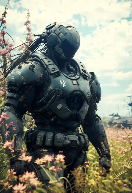 CloseUp, Rearview, Metal gear Solid, wired-cyborg snake, Walking along a flower field, giant tank opens the blue Sky, cloudy, bright, high contrast, overgrown sci-fi Tokyo, 90s Look, very detailed, hd, volumetric lighting, 4esthet1c background, ultra detailed, deep Blacks, very detailed, atmospheric haze, Film grain, cinematic film still, shallow depth of field, highly detailed, high budget, cinemascope, moody, epic