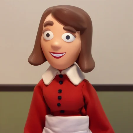 score_9, masterpiece, 1girl, Solo, female focus, BlobertaP_MO, light skin, brown hair, short hair, black eyes, red lips, brown eyebrows, long red dress with sleeves, white apron for waist, black flat shoes, big eyes, medium stature, standing, close-up, room background, looking at viewer, perfect eyes, face photo, detailed eyes, smile